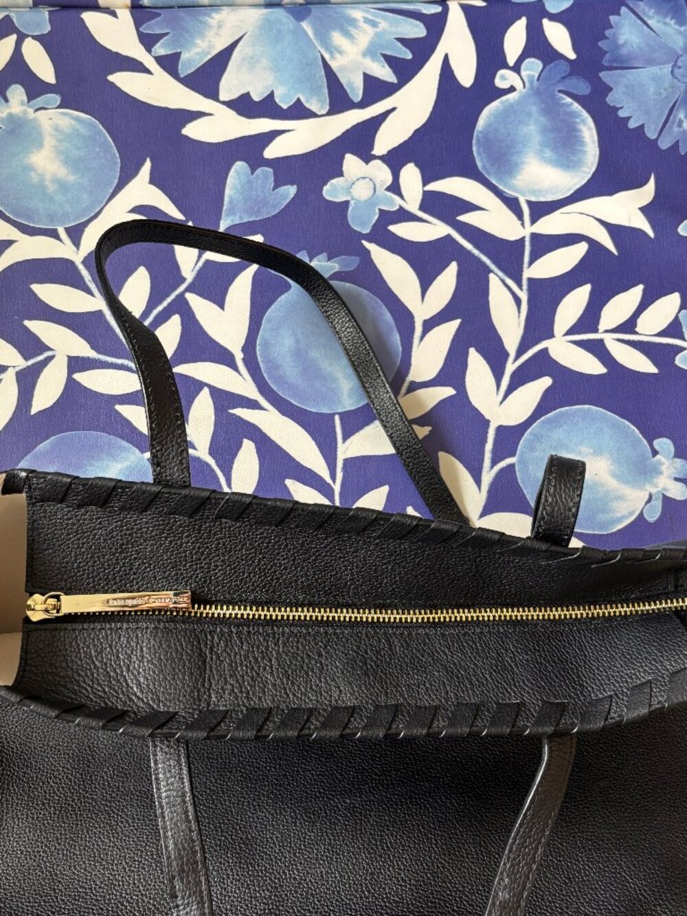Kate Spade On Purpose Black Pebbled Leather Zip Top Tote Bag Beaded Tassels - Picture 5 of 7